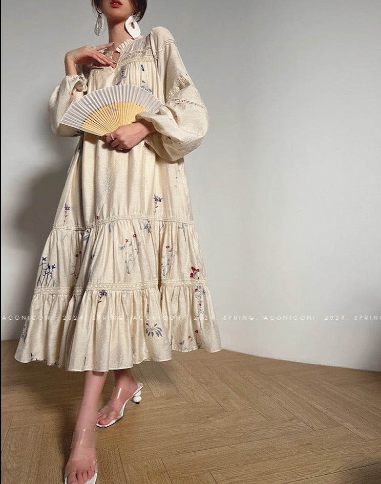 Aconiconi|Blue Hibiscus  Embroidery Linen Dress