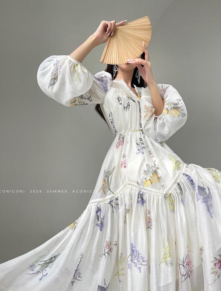 Aconiconi|Daisy Dream Lace Summer Long Sleeve Long Dress