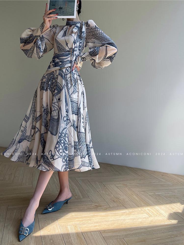 Aconiconi|Amethyst Dawn French Retro Long Sleeve Dress