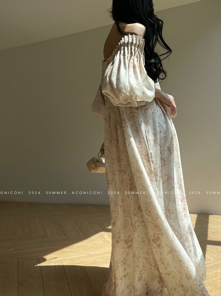 Aconiconi| French Retro Print Off-Shoulder Long Dress