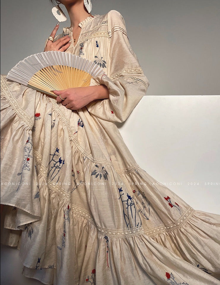 Aconiconi|Blue Hibiscus  Embroidery Linen Dress