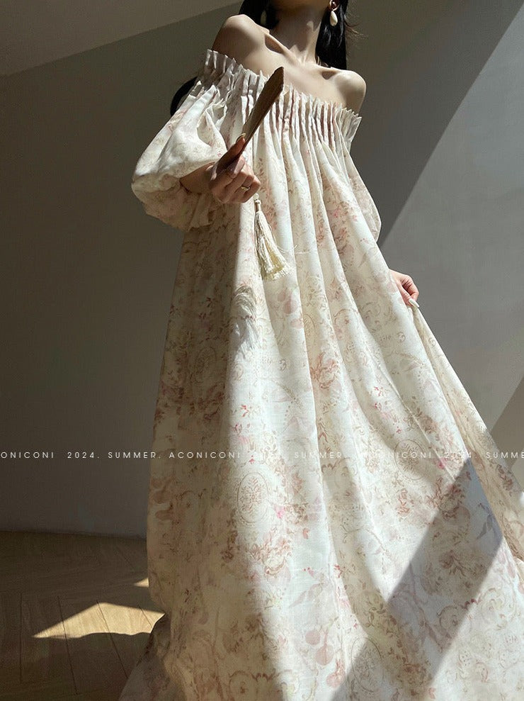 Aconiconi| French Retro Print Off-Shoulder Long Dress