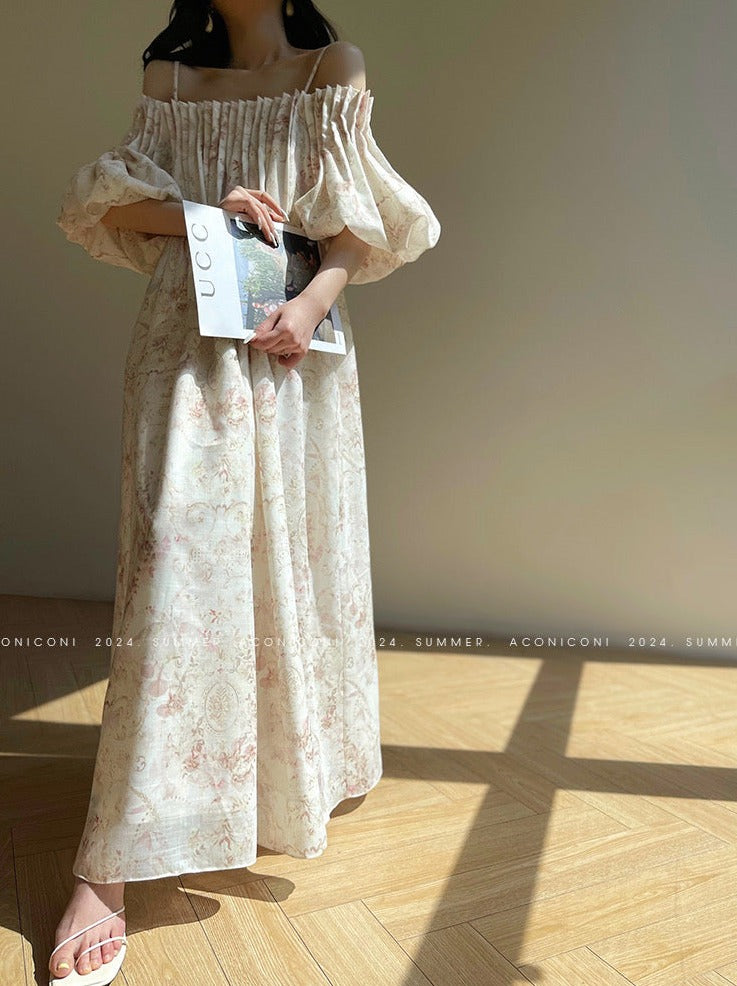Aconiconi| French Retro Print Off-Shoulder Long Dress