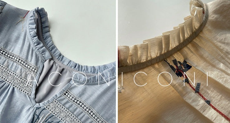 Aconiconi|Blue Hibiscus  Embroidery Linen Dress