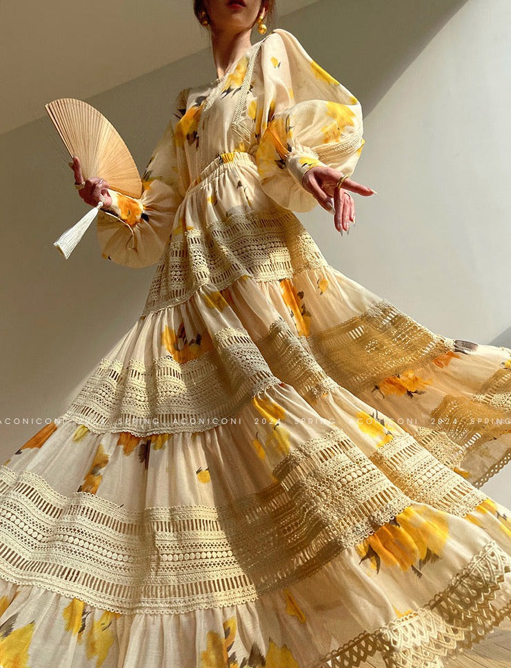 Aconiconi|Lemon Blossom Printed Lace Skirt Suit