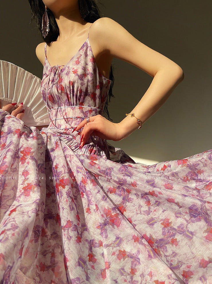 Aconiconi|Purple Hibiscus Vine Romantic Long Dress