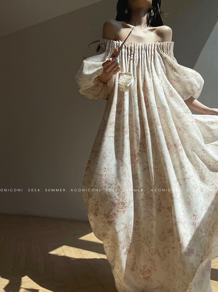 Aconiconi| French Retro Print Off-Shoulder Long Dress