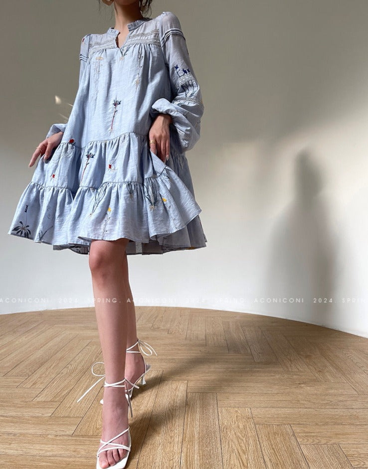 Aconiconi|Blue Hibiscus  Embroidery Linen Dress