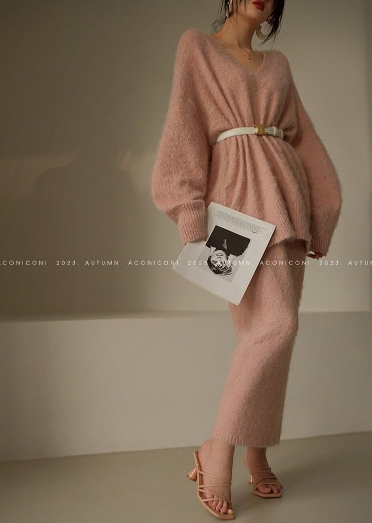 Aconiconi|North Island girl's loose V-neck wool sweater set