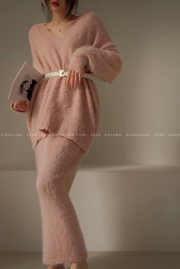 Aconiconi|North Island girl's loose V-neck wool sweater set