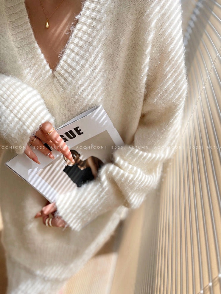 Aconiconi|North Island girl's loose V-neck wool sweater set