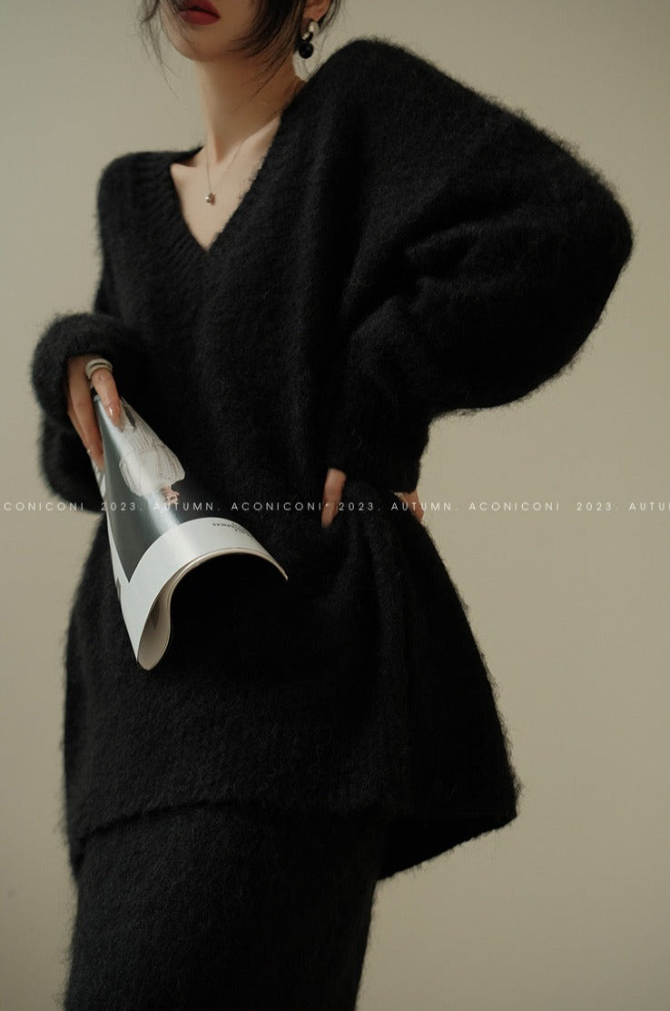 Aconiconi|North Island girl's loose V-neck wool sweater set