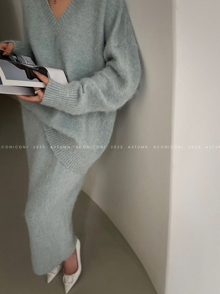 Aconiconi|North Island girl's loose V-neck wool sweater set