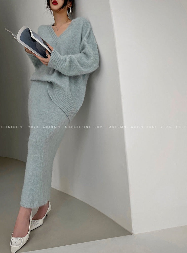 Aconiconi|North Island girl's loose V-neck wool sweater set