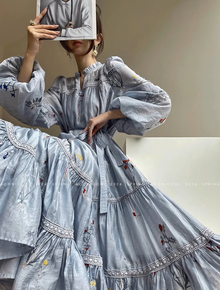 Aconiconi|Blue Hibiscus  Embroidery Linen Dress