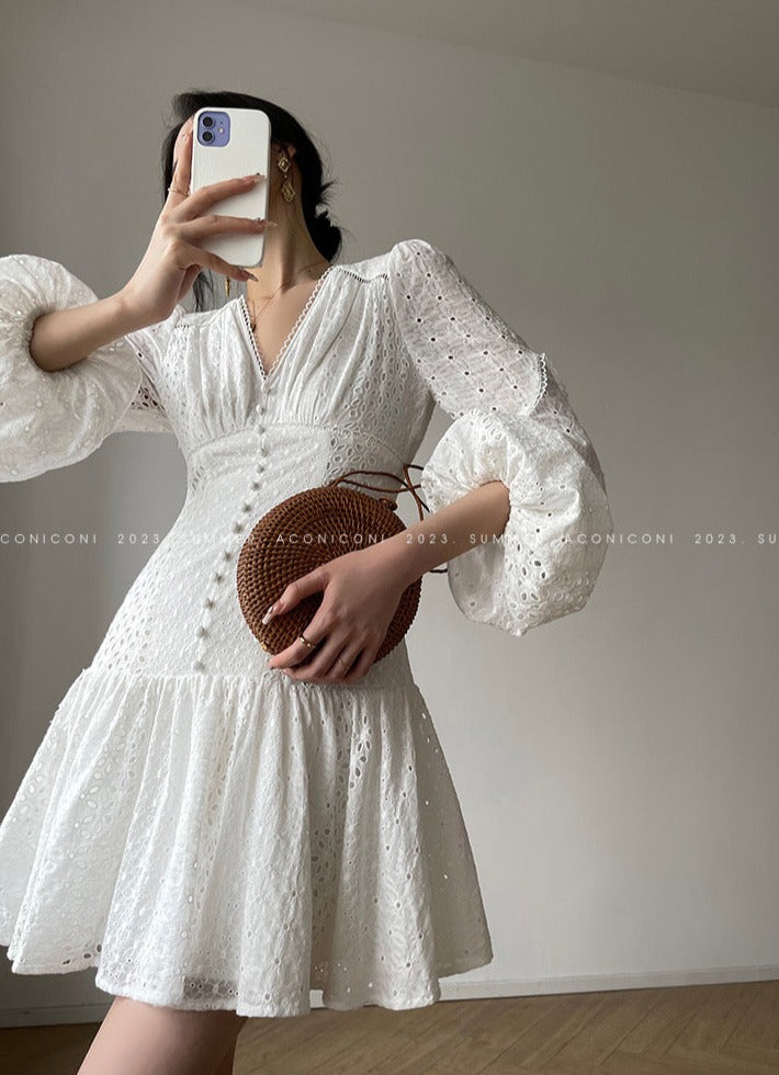 Aconiconi|White Indigo Smoked Lace Cotton Dress