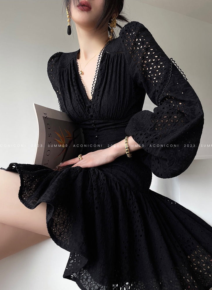 Aconiconi|White Indigo Smoked Lace Cotton Dress