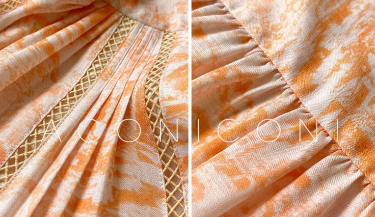 Aconiconi|Orange Bloom Sweet Dream French Print V-neck Puff Sleeve Dress