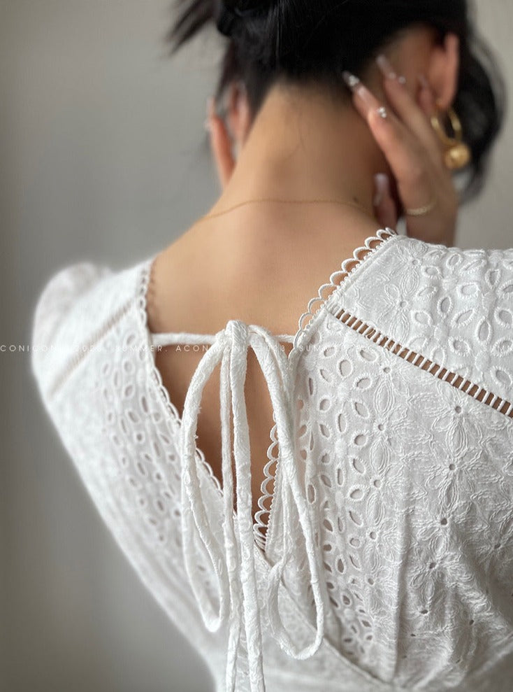 Aconiconi|White Indigo Smoked Lace Cotton Dress
