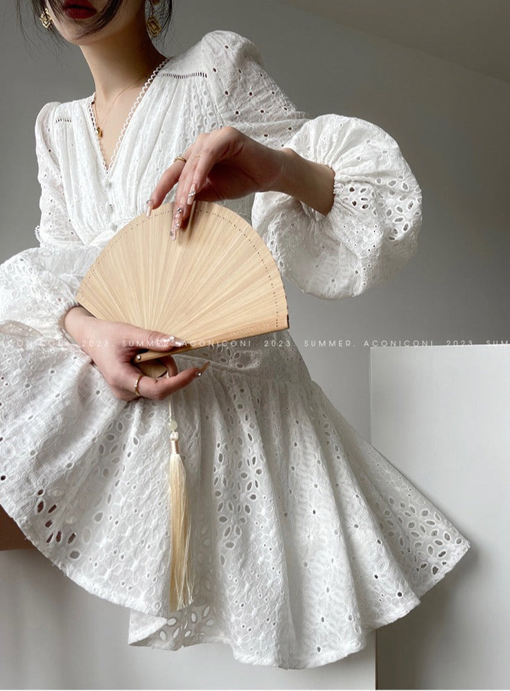 Aconiconi|White Indigo Smoked Lace Cotton Dress