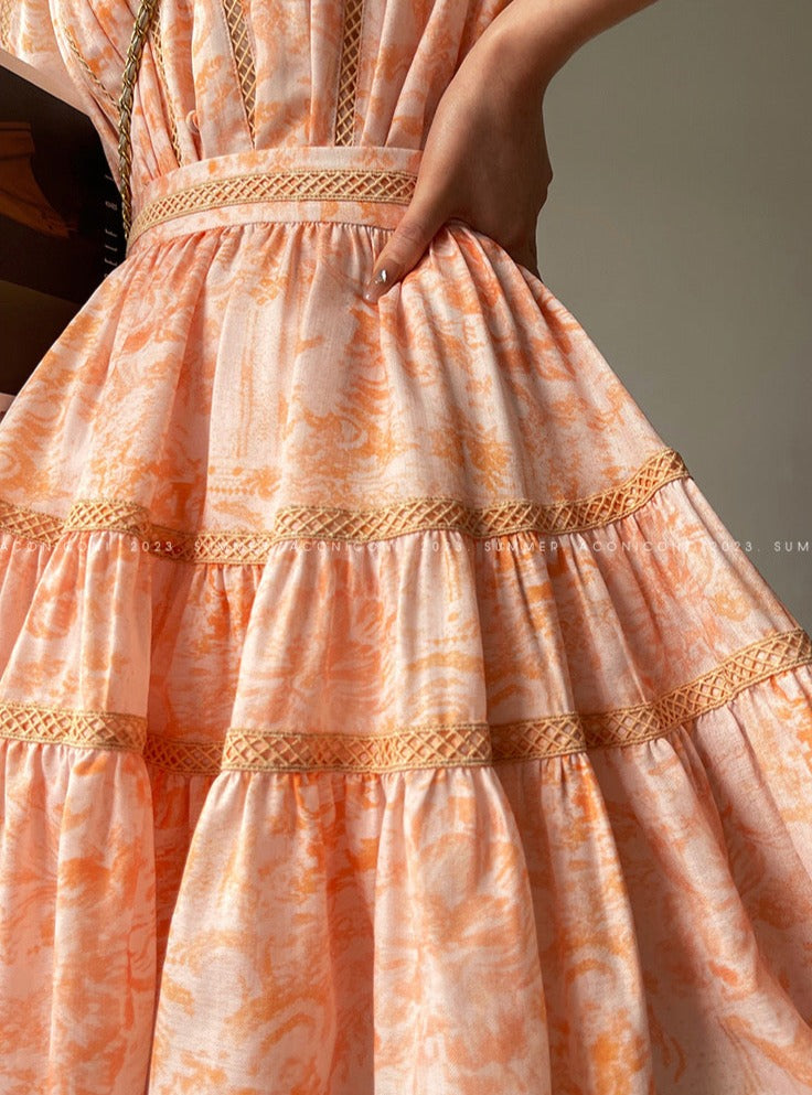Aconiconi|Orange Bloom Sweet Dream French Print V-neck Puff Sleeve Dress