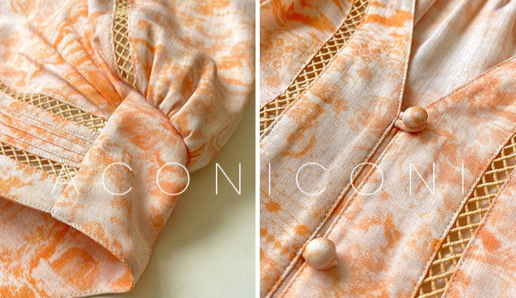 Aconiconi|Orange Bloom Sweet Dream French Print V-neck Puff Sleeve Dress