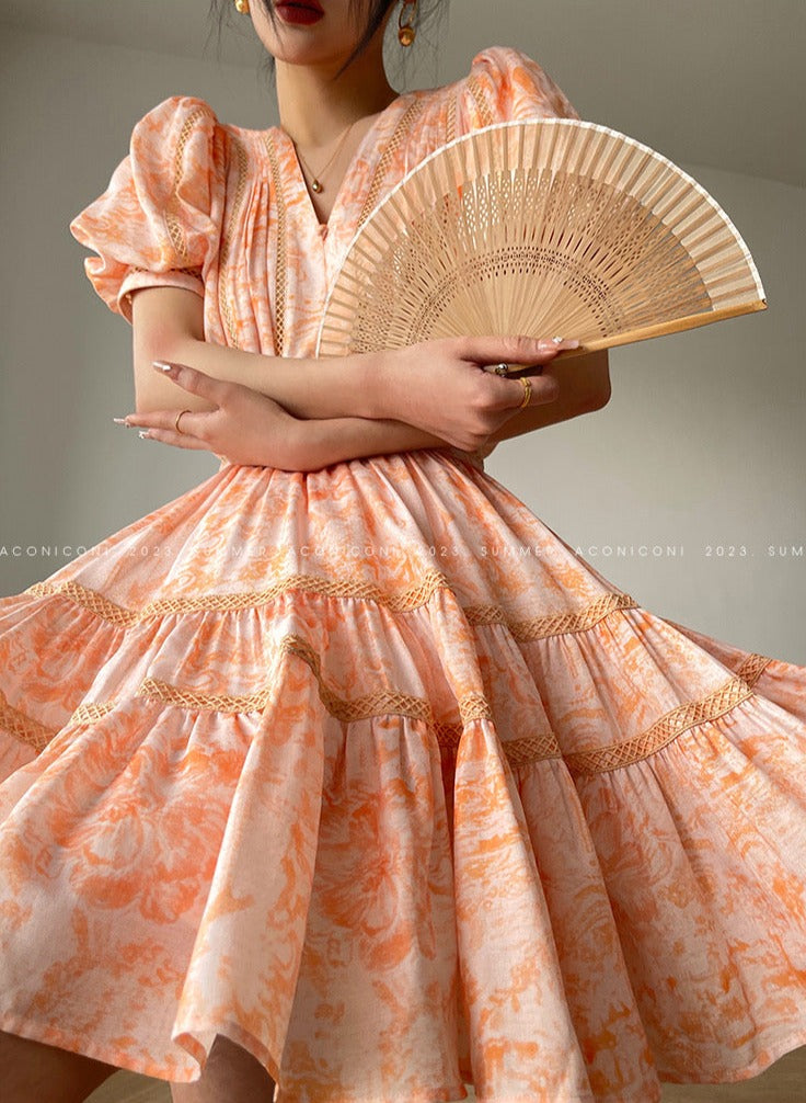 Aconiconi|Orange Bloom Sweet Dream French Print V-neck Puff Sleeve Dress