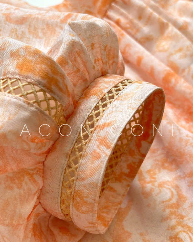 Aconiconi|Orange Bloom Sweet Dream French Print V-neck Puff Sleeve Dress