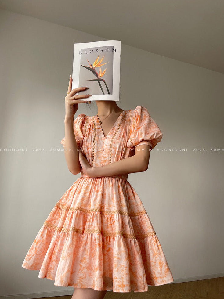 Aconiconi|Orange Bloom Sweet Dream French Print V-neck Puff Sleeve Dress
