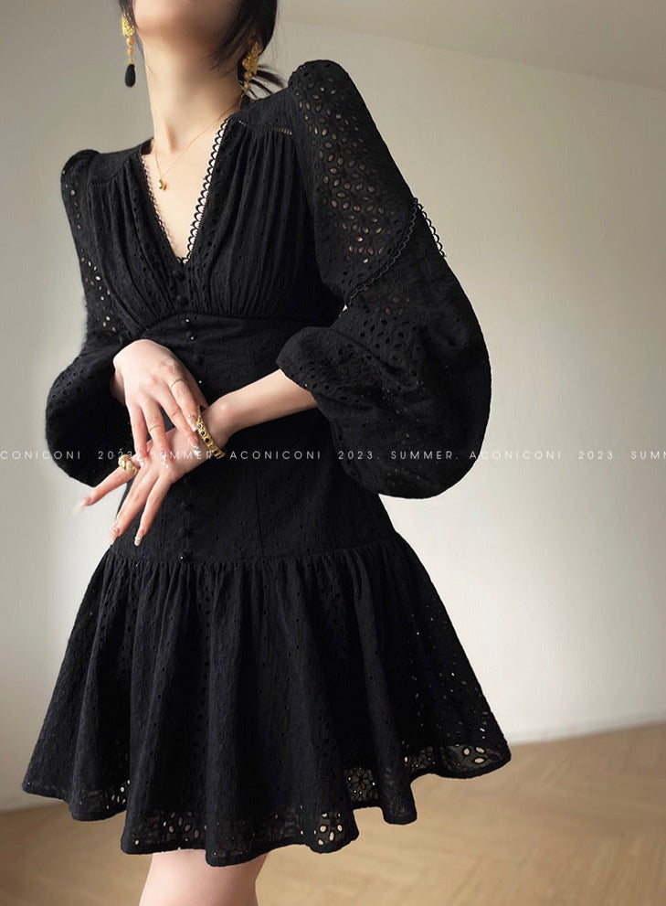 Aconiconi|White Indigo Smoked Lace Cotton Dress