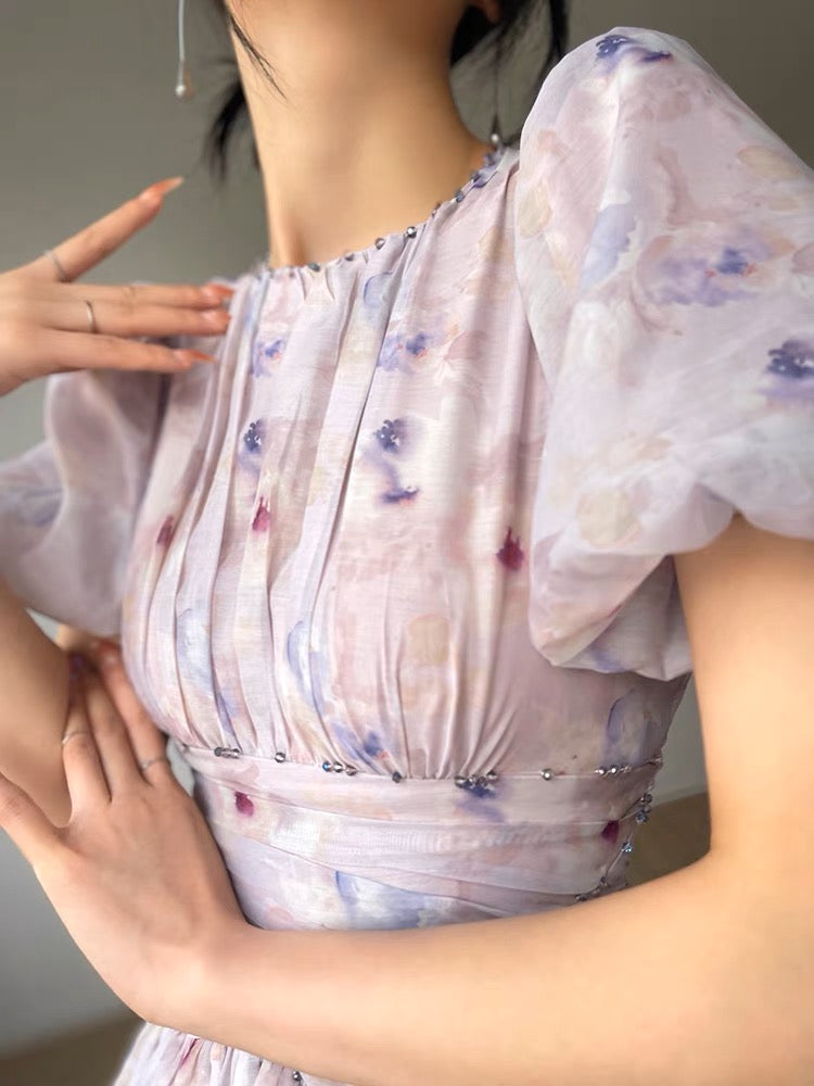 Aconiconi|Butterfly Dance Wind Firefly French Short Sleeve Dress
