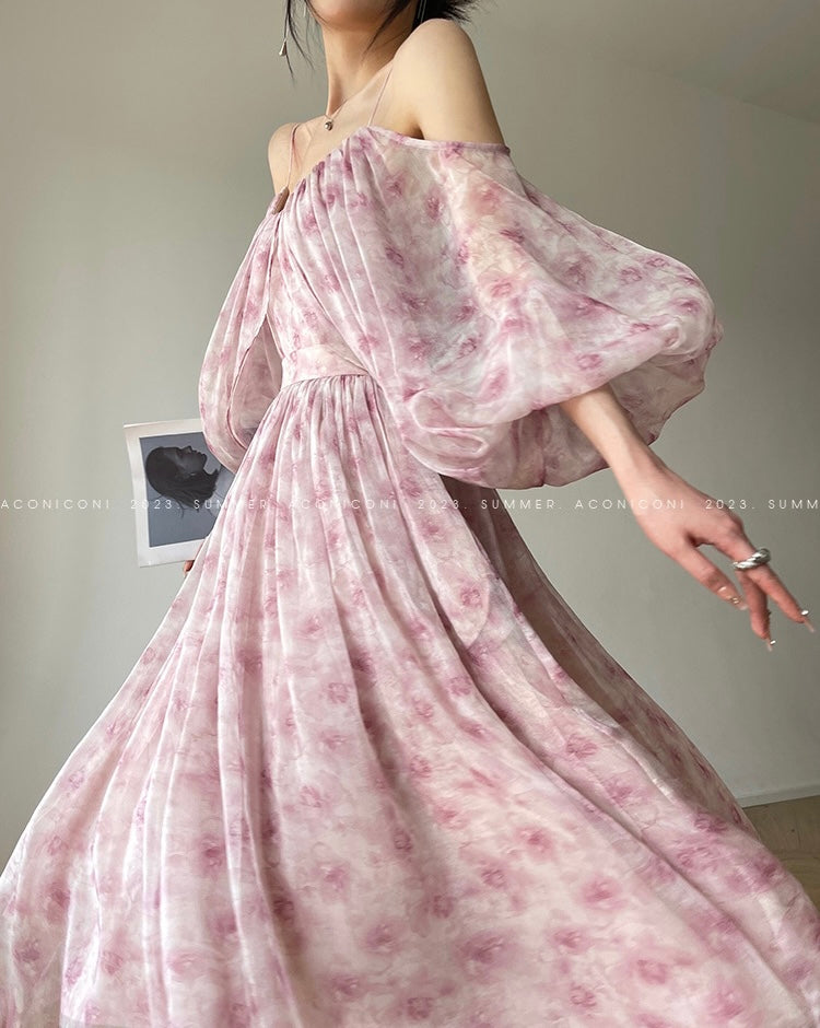 Aconiconi|Flower Brocade Evening Smoke Broken Flower Fairy Dress