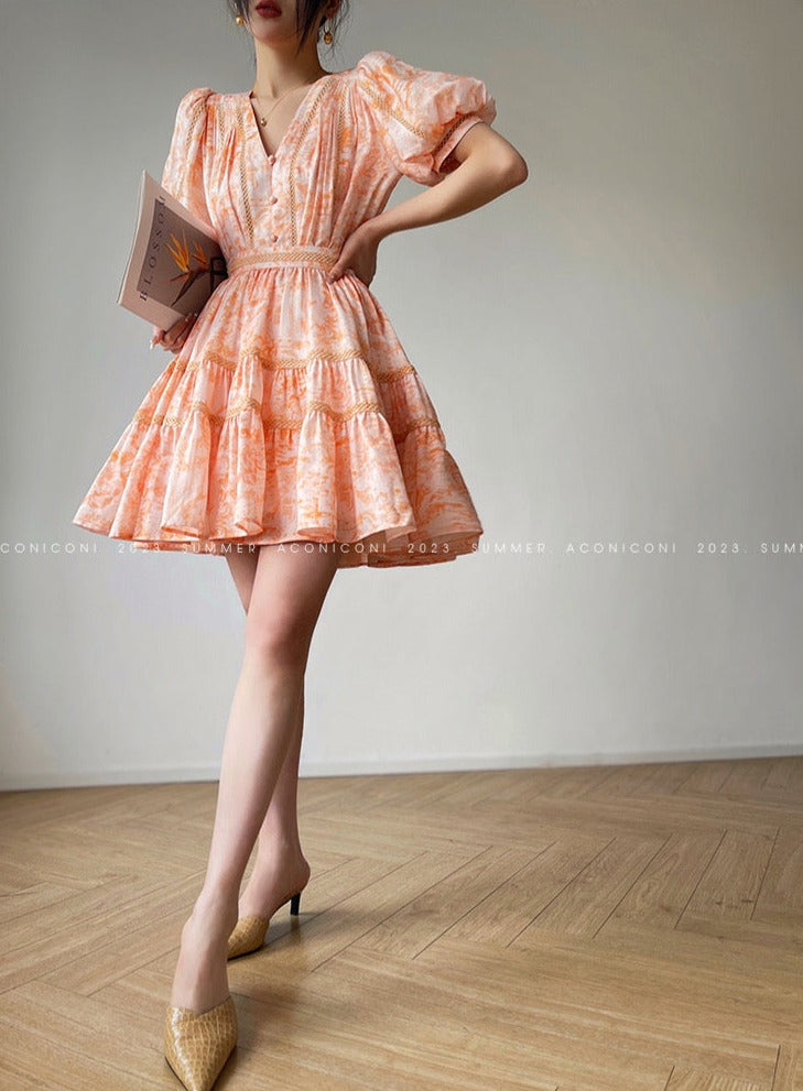 Aconiconi|Orange Bloom Sweet Dream French Print V-neck Puff Sleeve Dress