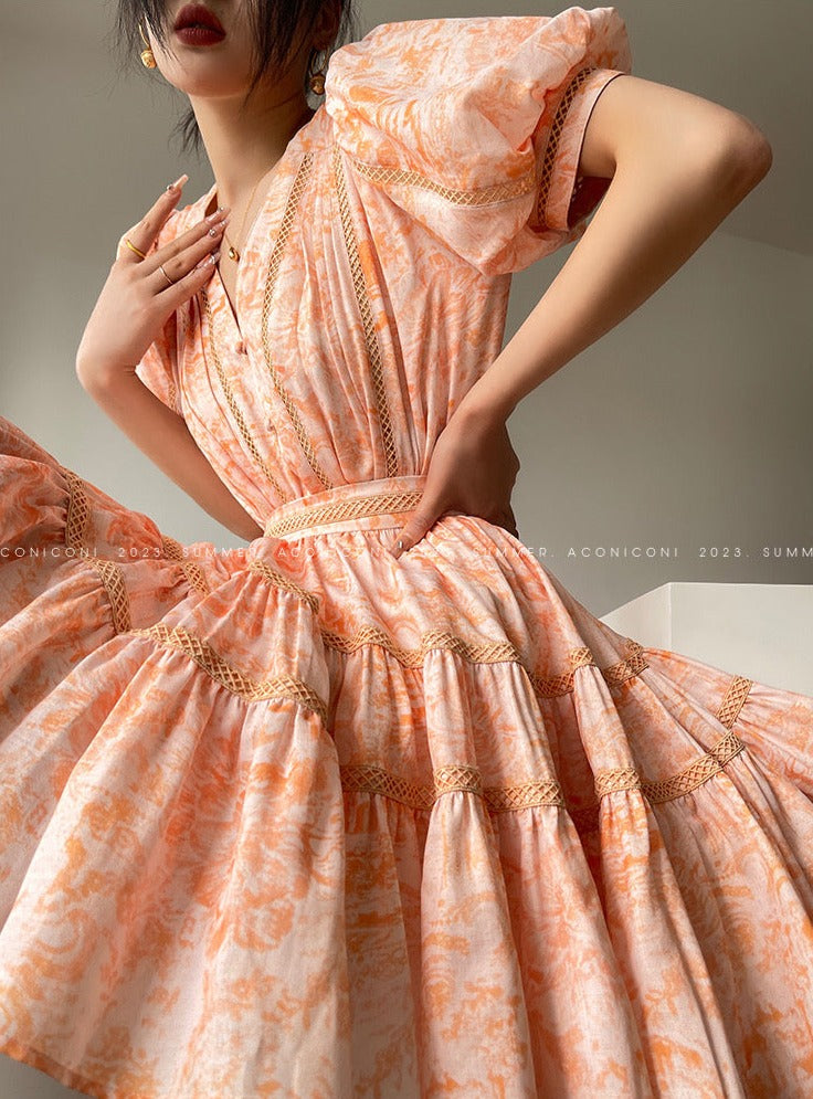 Aconiconi|Orange Bloom Sweet Dream French Print V-neck Puff Sleeve Dress