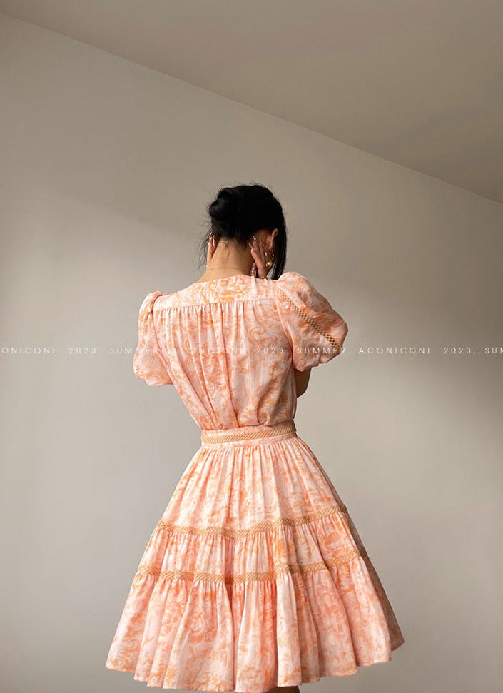 Aconiconi|Orange Bloom Sweet Dream French Print V-neck Puff Sleeve Dress