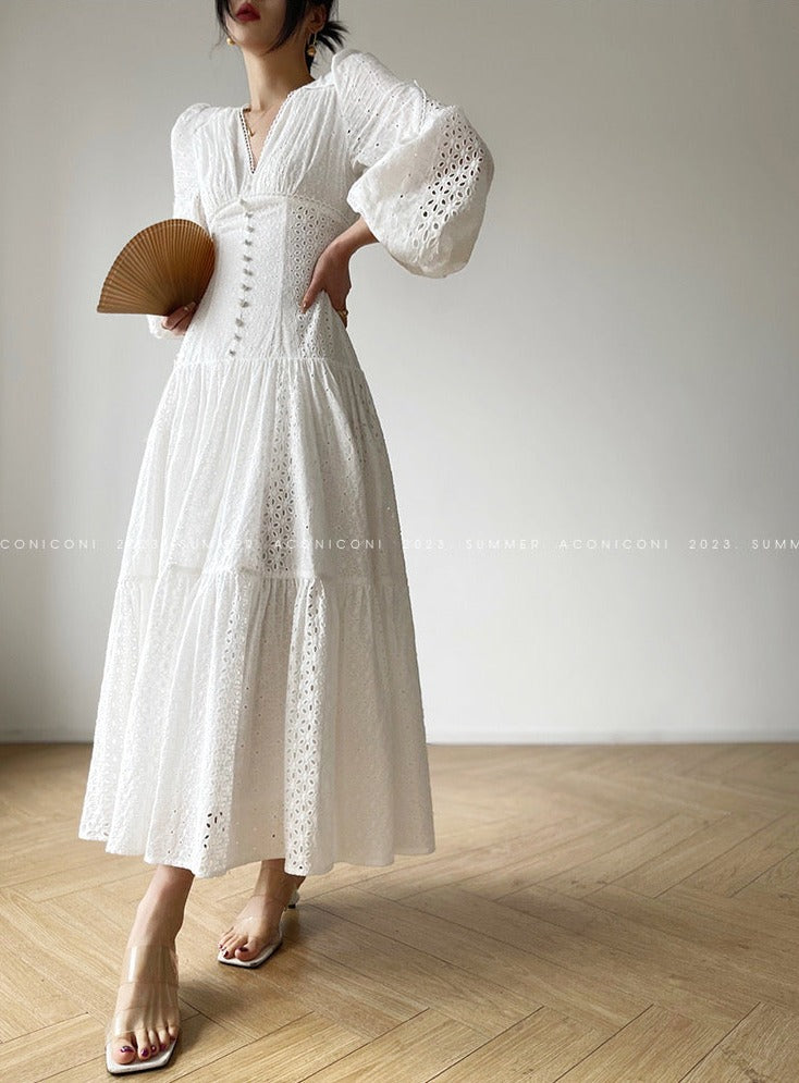 Aconiconi|White Indigo Smoked Lace Cotton Dress