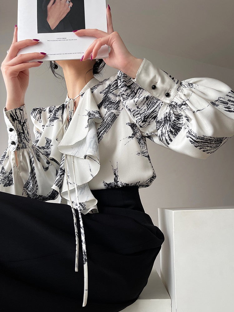 Aconiconi|French Printing Imitation Retro Ruffle Shirt Top