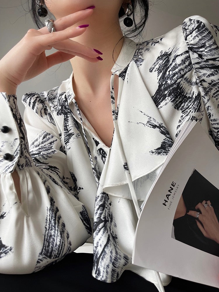 Aconiconi|French Printing Imitation Retro Ruffle Shirt Top