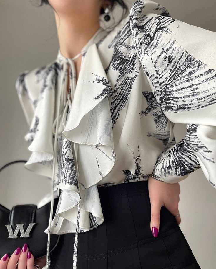 Aconiconi|French Printing Imitation Retro Ruffle Shirt Top