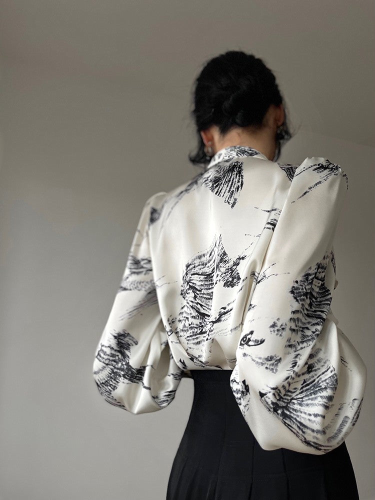 Aconiconi|French Printing Imitation Retro Ruffle Shirt Top