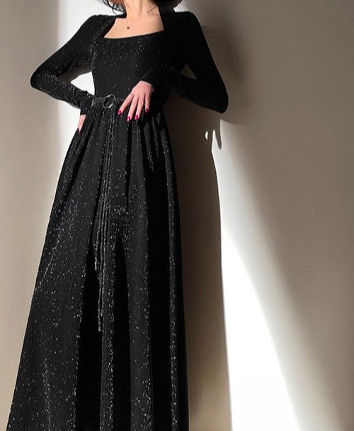 Aconiconi | Shimmer Prelude French Square Neck Long Dress