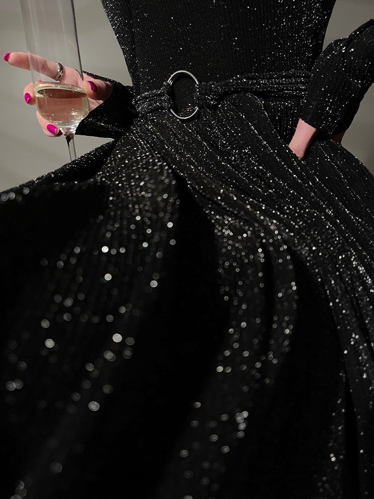 Aconiconi | Shimmer Prelude French Square Neck Long Dress