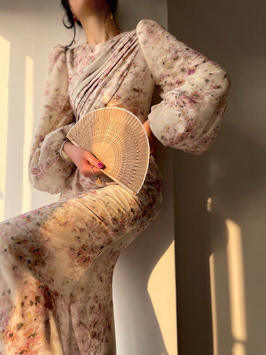 Aconiconi| Floral Chiffon Slim and Gentle Fishtail Spring Dress