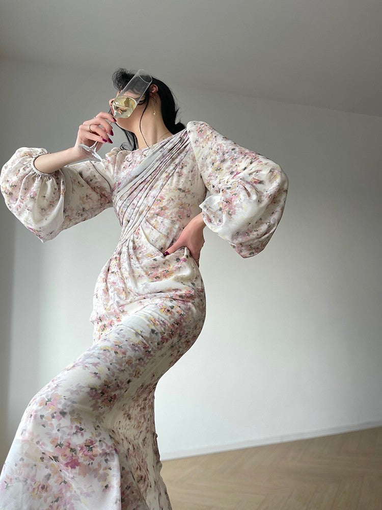 Aconiconi| Floral Chiffon Slim and Gentle Fishtail Spring Dress