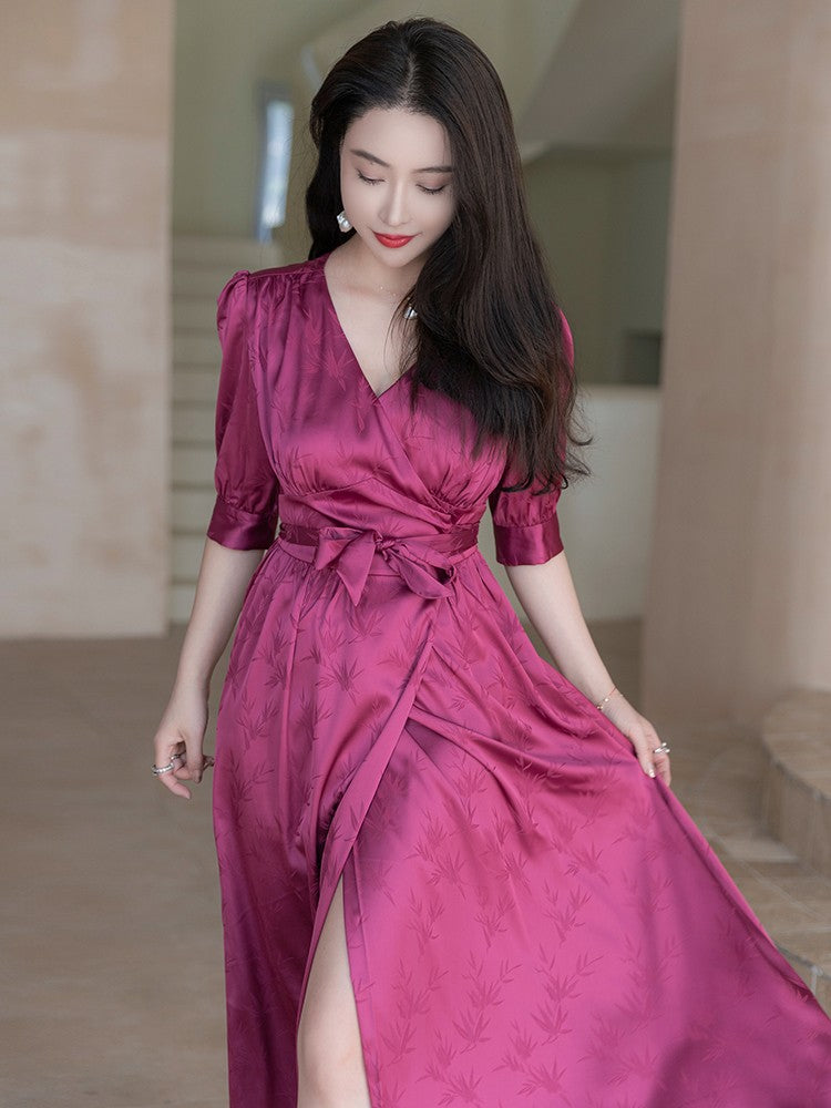 ReVe | Burgundy Rose Pattern Jacquard Phoenix Satin Dress