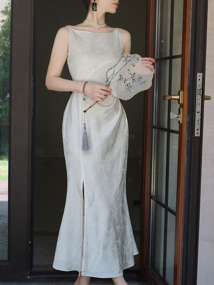 ReVe | Oriental Dark Pattern Peony Jacquard Phoenix Satin Suspender Dress