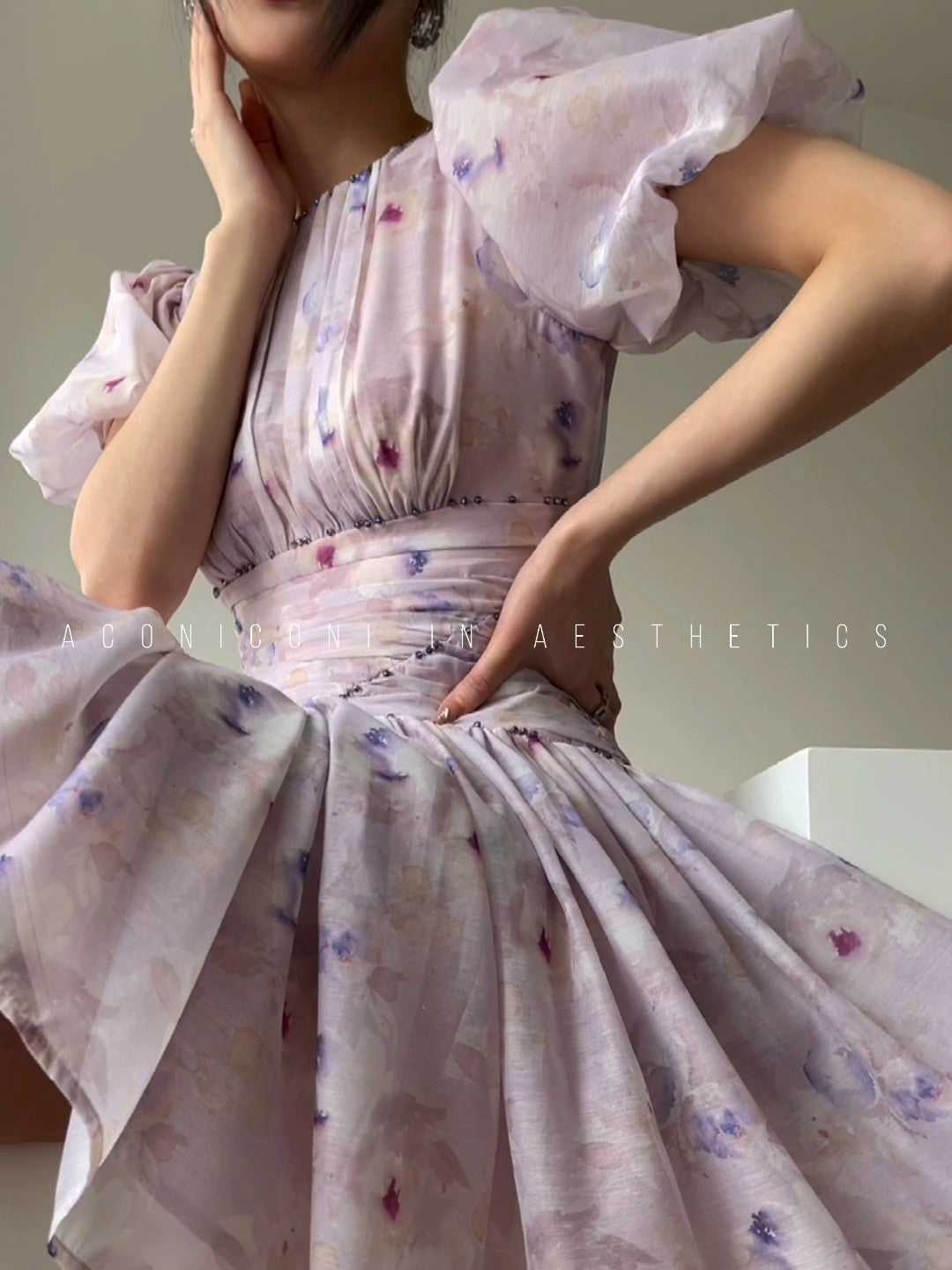 Aconiconi|Butterfly Dance Wind Firefly French Short Sleeve Dress