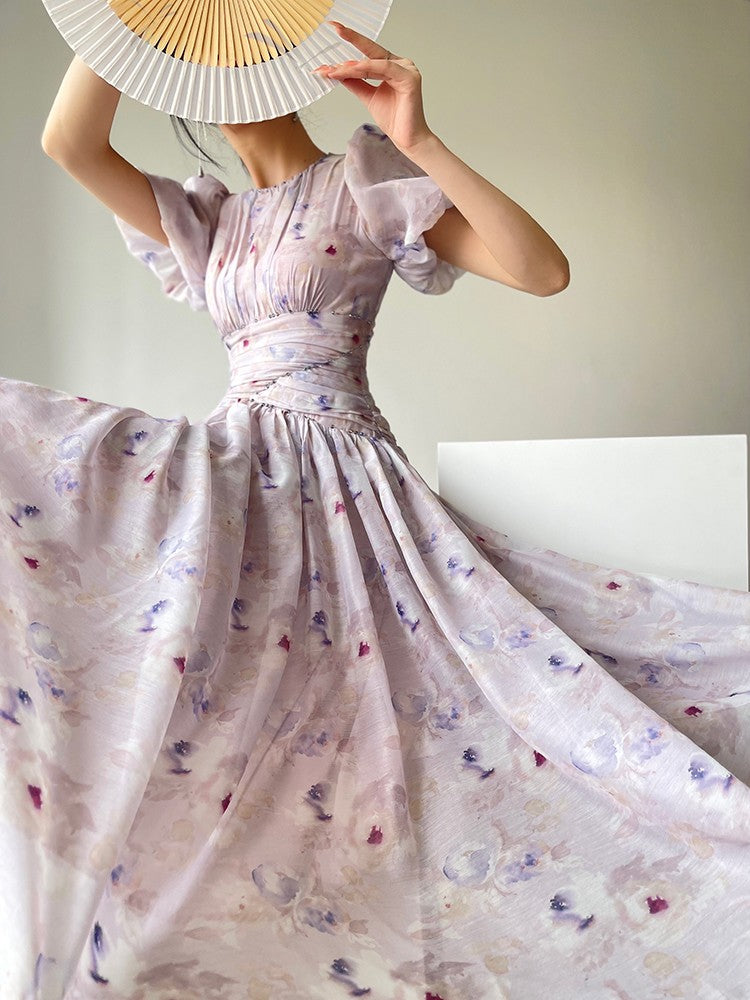 Aconiconi|Butterfly Dance Wind Firefly French Short Sleeve Dress