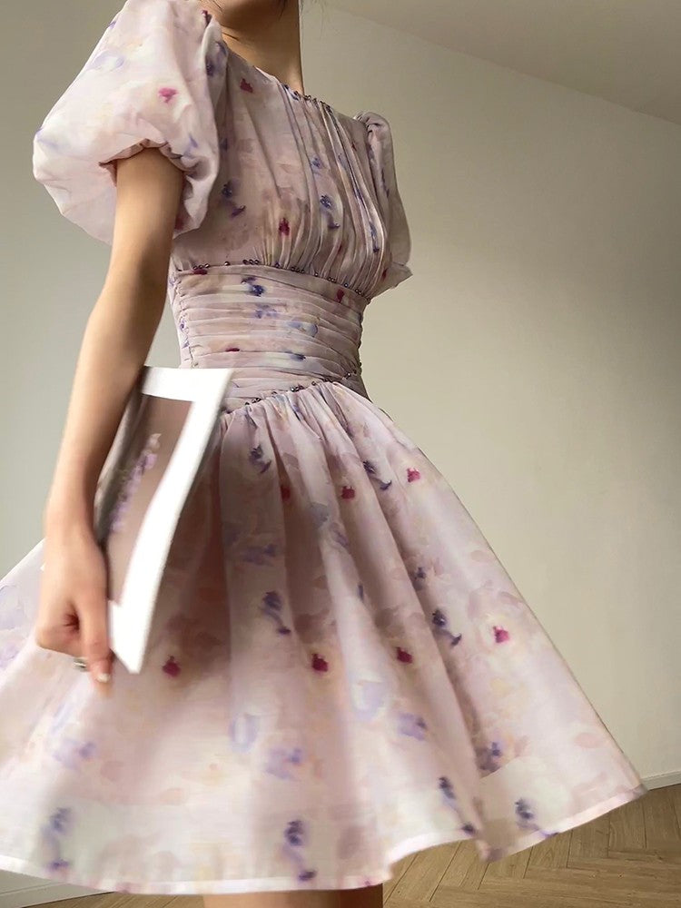 Aconiconi|Butterfly Dance Wind Firefly French Short Sleeve Dress