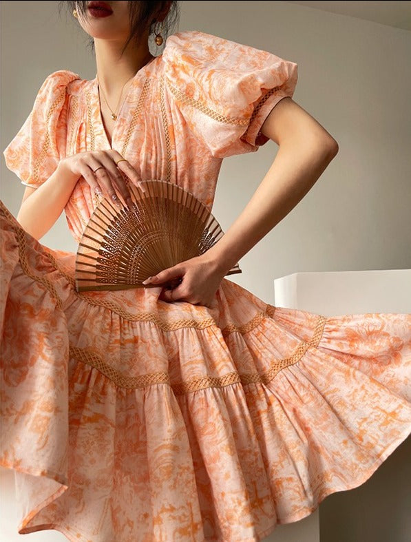Aconiconi|Orange Bloom Sweet Dream French Print V-neck Puff Sleeve Dress